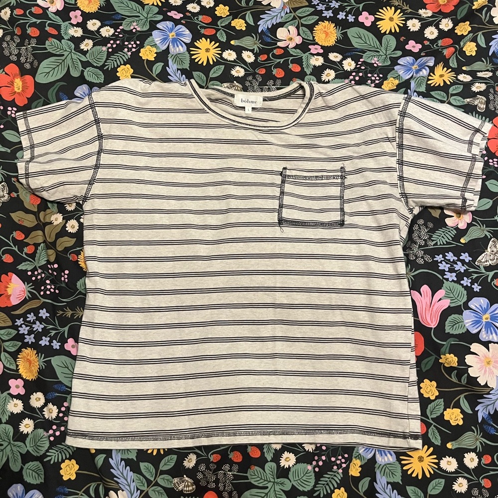 Bohme Short Sleeve Tee Shirt Striped Oatmeal Pocket Large